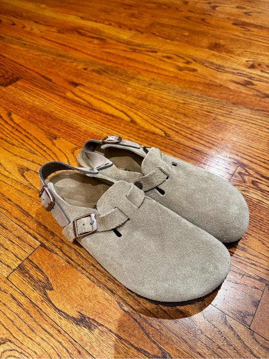 Birkenstock Shoes - Birkenstock Taupe Suede Slingback Clog Mules